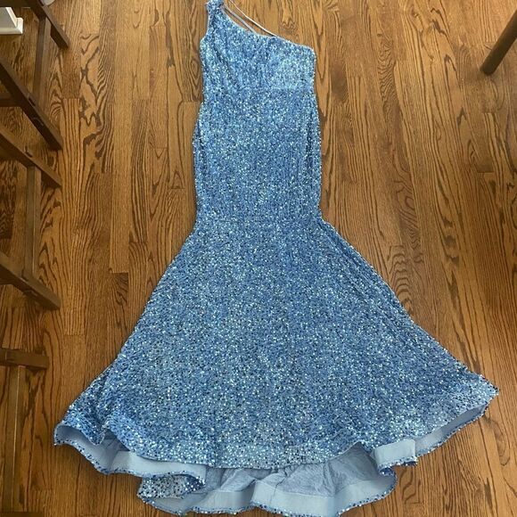 FAERIESTY Carolina Sky blue sequin stretch one shoulder mermaid formal prom gown - Picture 1 of 8